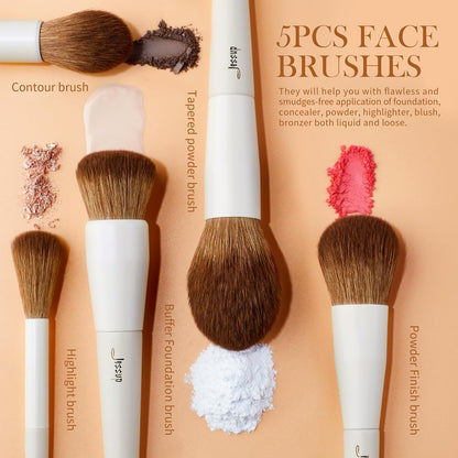 Makeup Brush Set 5Pcs Face Makeup Brushes Vegan Soft Foundation Brush Contour Brush Highlighter Brush Fluffy Setting Powder Brush, Light Grey T493