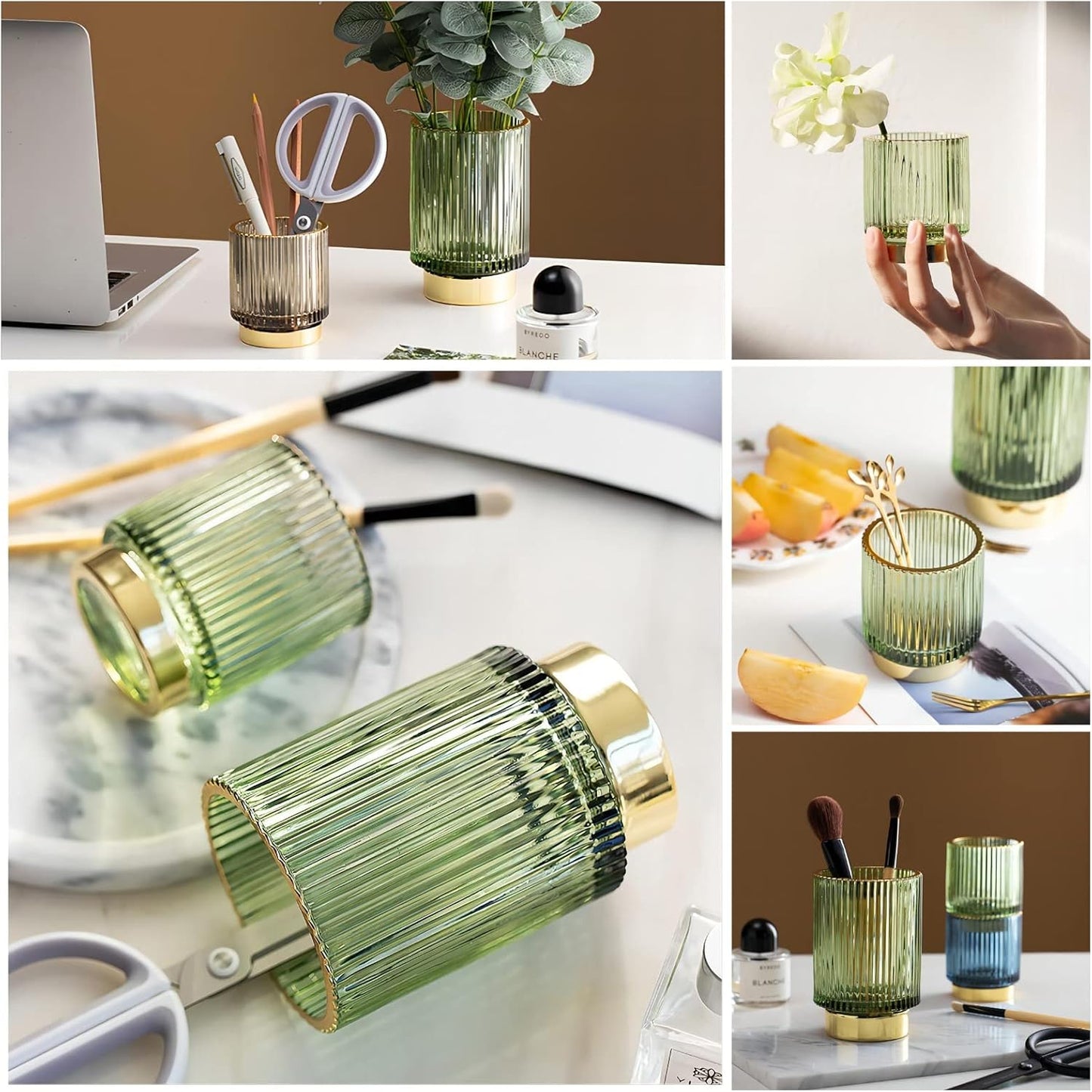 Makeup Brush Holder Organizer,Crystal Cosmetic Makeup Brush Glass Brushes Storage Holder,Vintage Makeup Brush Cup Pen Pencil Holder Striped Vase(Green S+L)