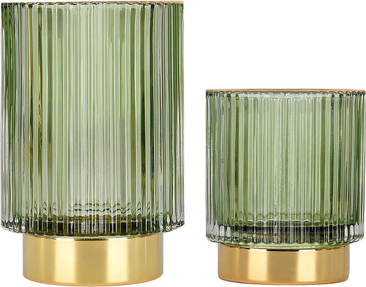 Makeup Brush Holder Organizer,Crystal Cosmetic Makeup Brush Glass Brushes Storage Holder,Vintage Makeup Brush Cup Pen Pencil Holder Striped Vase(Green S+L)