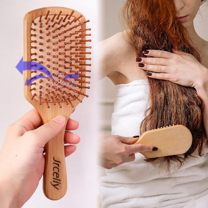 3PCS Bamboo Hair Brush Set,Natural Wooden Brush for Women, Madam, Paddle Detangling Brush for Dry/Curly/Thick/Thin/Straight Hair
