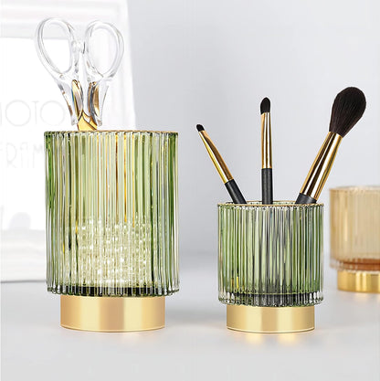 Makeup Brush Holder Organizer,Crystal Cosmetic Makeup Brush Glass Brushes Storage Holder,Vintage Makeup Brush Cup Pen Pencil Holder Striped Vase(Green S+L)