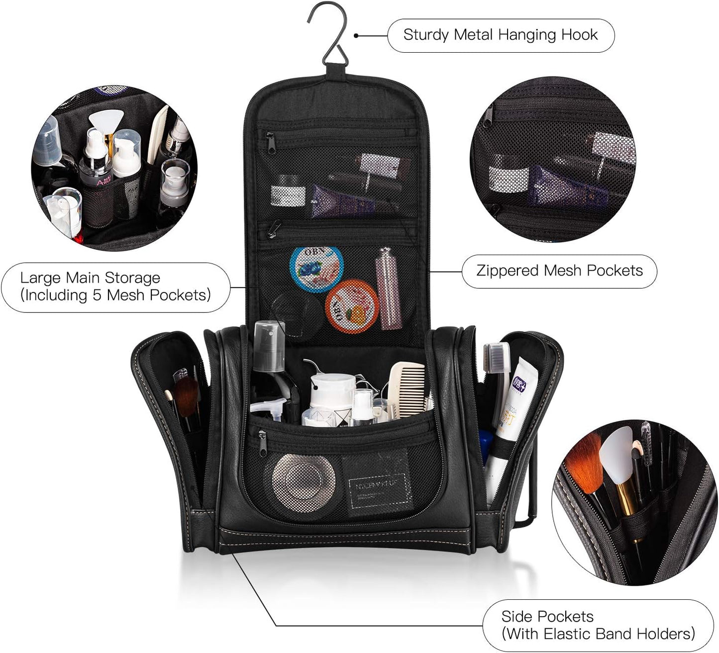 Hanging Toiletry Bag for Men Dopp Kit Waterproof Travel Organizer with Sturdy Metal Hook and Handle for Bathroom Shower Cosmetics Camping Brushes Shaving, Black, 11.5X4.5X7.9 Inch (Pack of 1