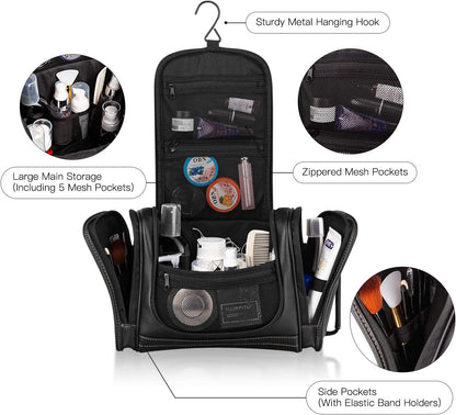 Hanging Toiletry Bag for Men Dopp Kit Waterproof Travel Organizer with Sturdy Metal Hook and Handle for Bathroom Shower Cosmetics Camping Brushes Shaving, Black, 11.5X4.5X7.9 Inch (Pack of 1