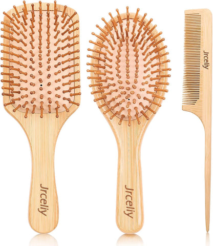 3PCS Bamboo Hair Brush Set,Natural Wooden Brush for Women, Madam, Paddle Detangling Brush for Dry/Curly/Thick/Thin/Straight Hair
