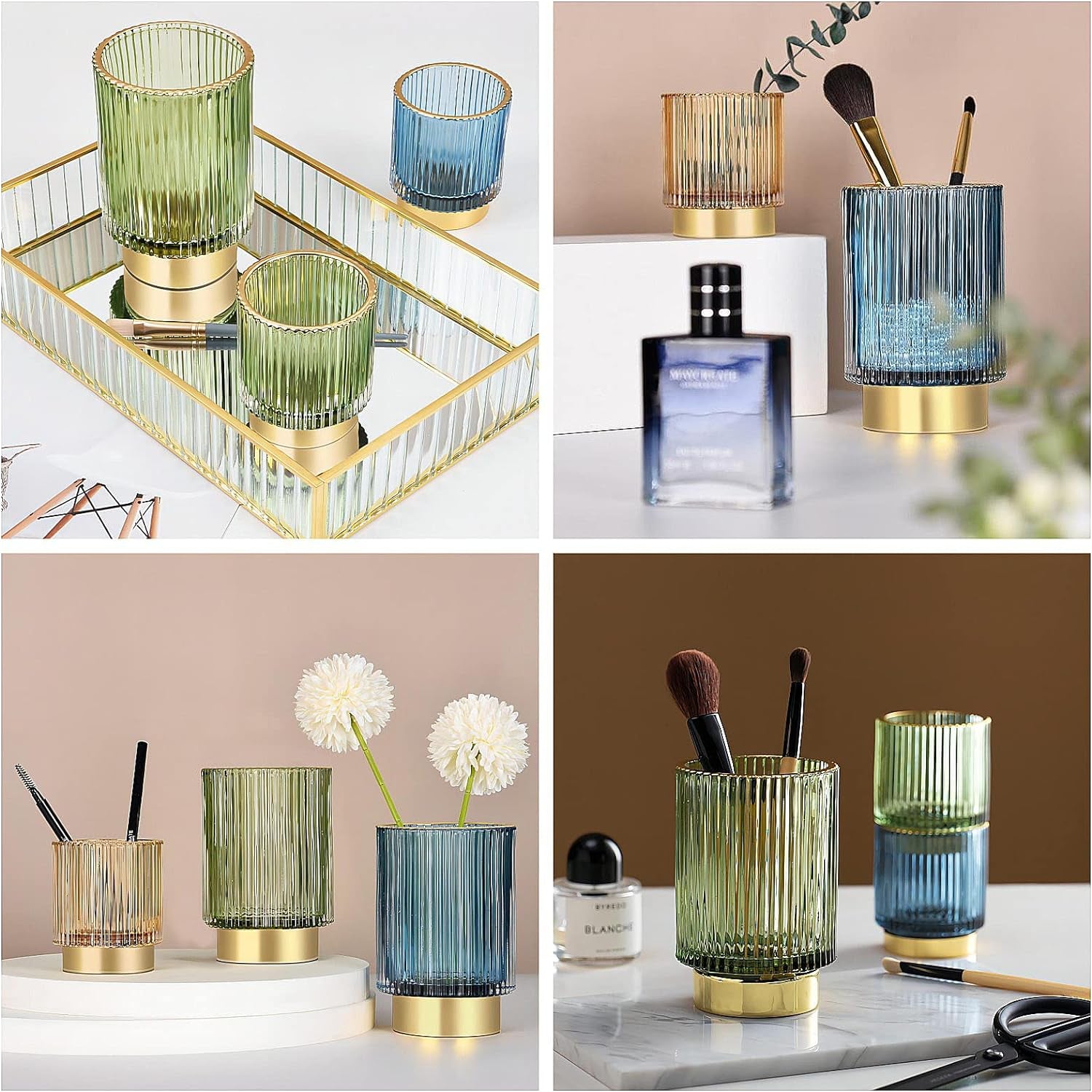 Makeup Brush Holder Organizer,Crystal Cosmetic Makeup Brush Glass Brushes Storage Holder,Vintage Makeup Brush Cup Pen Pencil Holder Striped Vase(Green S+L)