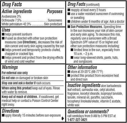 Lip Moisturizer and Skin Protectant (Original Flavor, 1 Blister Pack of 3 Sticks) Lip Balm Tube, Sunscreen, SPF 15, 0.15 Ounce