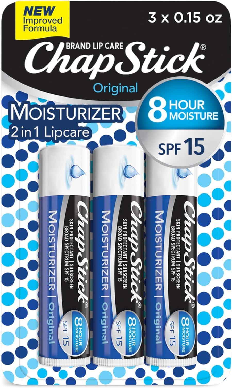 Lip Moisturizer and Skin Protectant (Original Flavor, 1 Blister Pack of 3 Sticks) Lip Balm Tube, Sunscreen, SPF 15, 0.15 Ounce