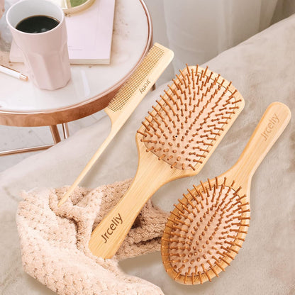 3PCS Bamboo Hair Brush Set,Natural Wooden Brush for Women, Madam, Paddle Detangling Brush for Dry/Curly/Thick/Thin/Straight Hair